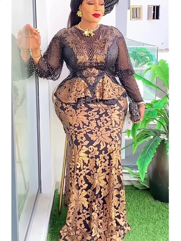 Plus Size African Party Dresses for Women Fashion Dashiki Ankara Sparkling Wedding Dress Elegant Muslim Maxi Set 250411