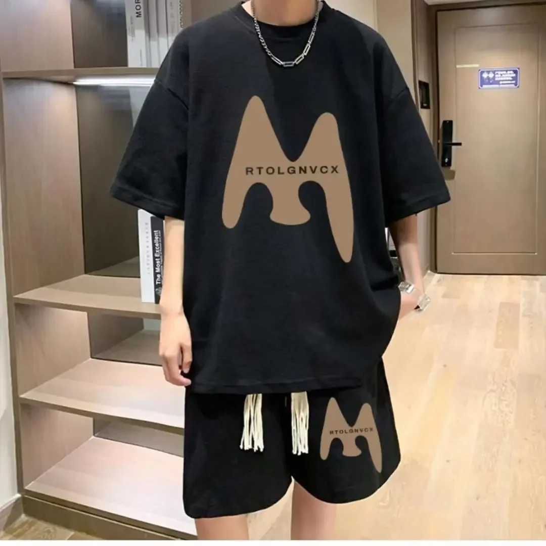 Teenage walking inspection sportswear mens summer casual fat T-shirt shorts 2-piece set Korean cool matching setXJ250412