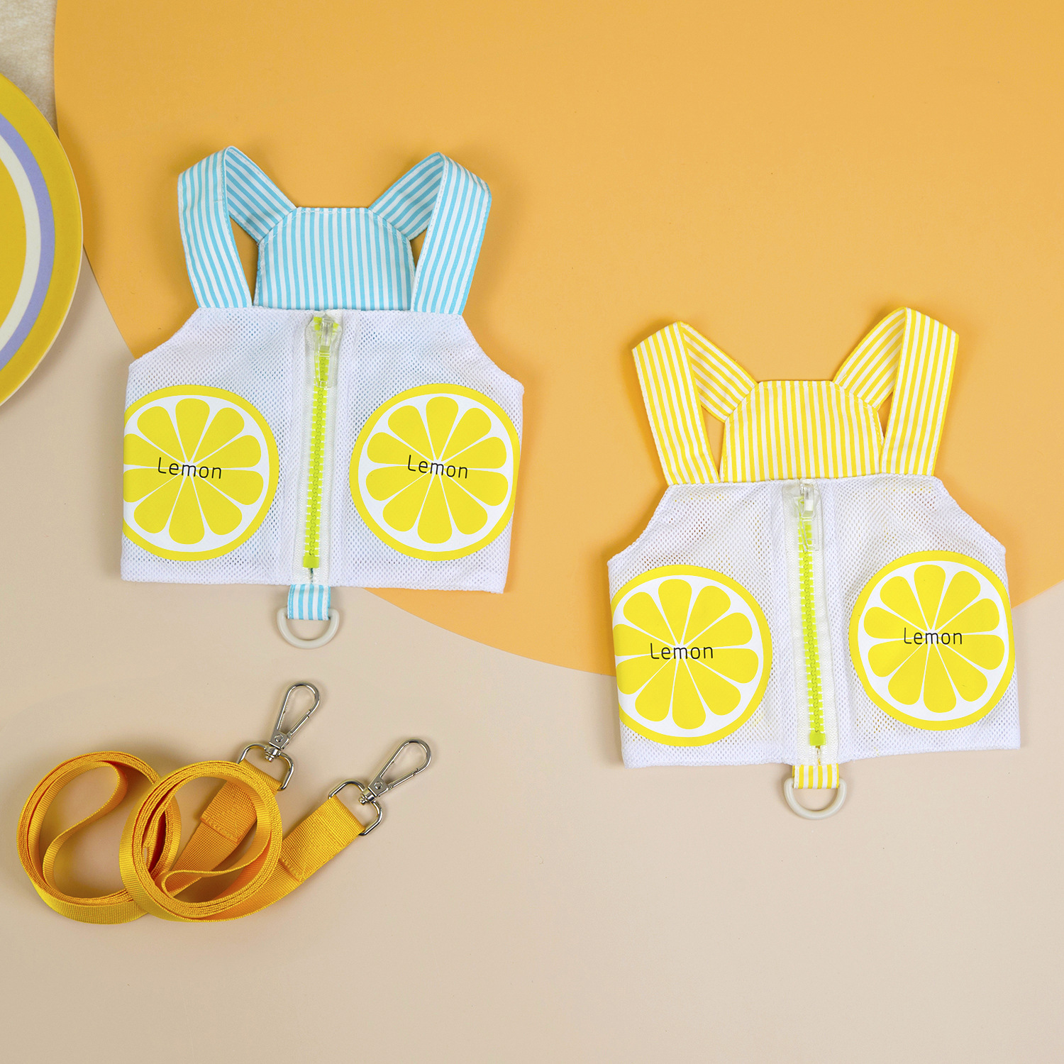 Cool Dog Mesh Tank Top Harness Leash Set for Small Dogs Cats, Lemon Print Dog Spring Summer Puppy Clothes with Zipper Pocket Chihuahua Yorkies Pet Out
