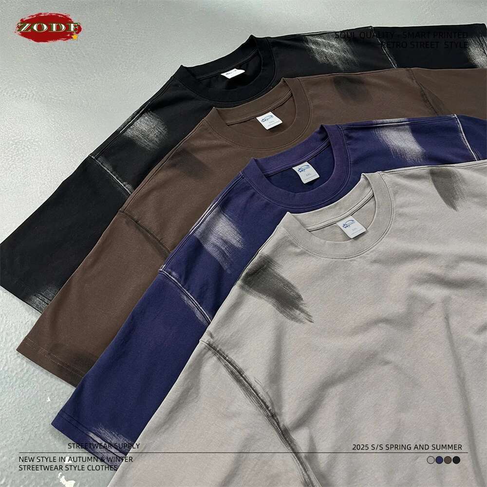 ZODF New 2025 Summer 285Gsm Washed Cotton T-Shirts For Men Unisex High Street Oversized Paint T Shirt Brand Tops Hy1055