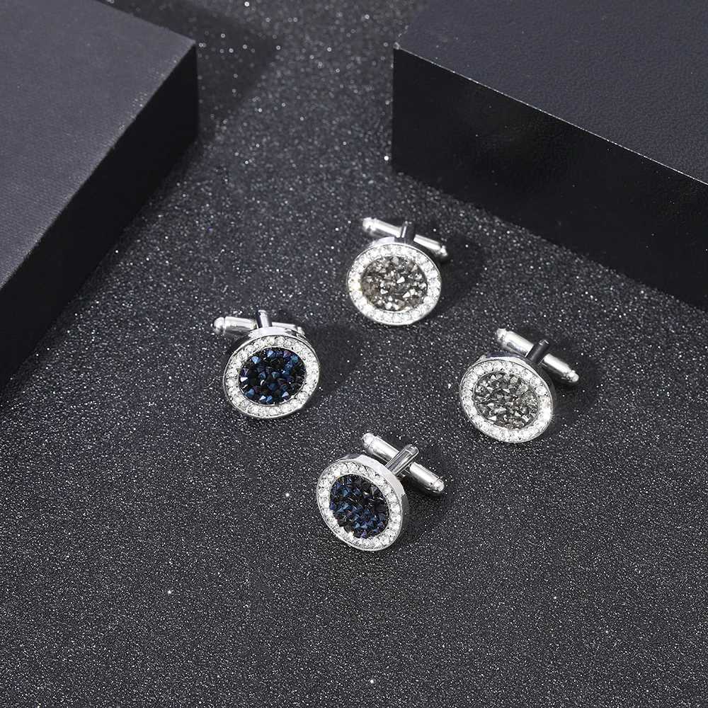 Beautiful 2-piece double circle crystal mens cufflinks blue and gray sleeve buttons boys shirt set jewelry wholesaleT250412