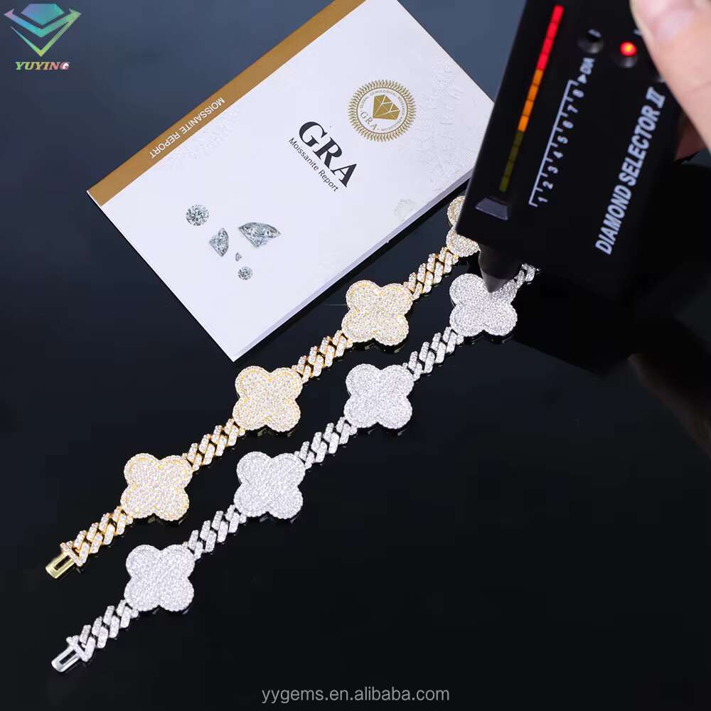 Yu Ying GRA Hip Hop Jewelry 925 Sterling Silver Gold Plated Iced Out Moissanite Diamond Clover Bracelet for Hip Hop Jewelry