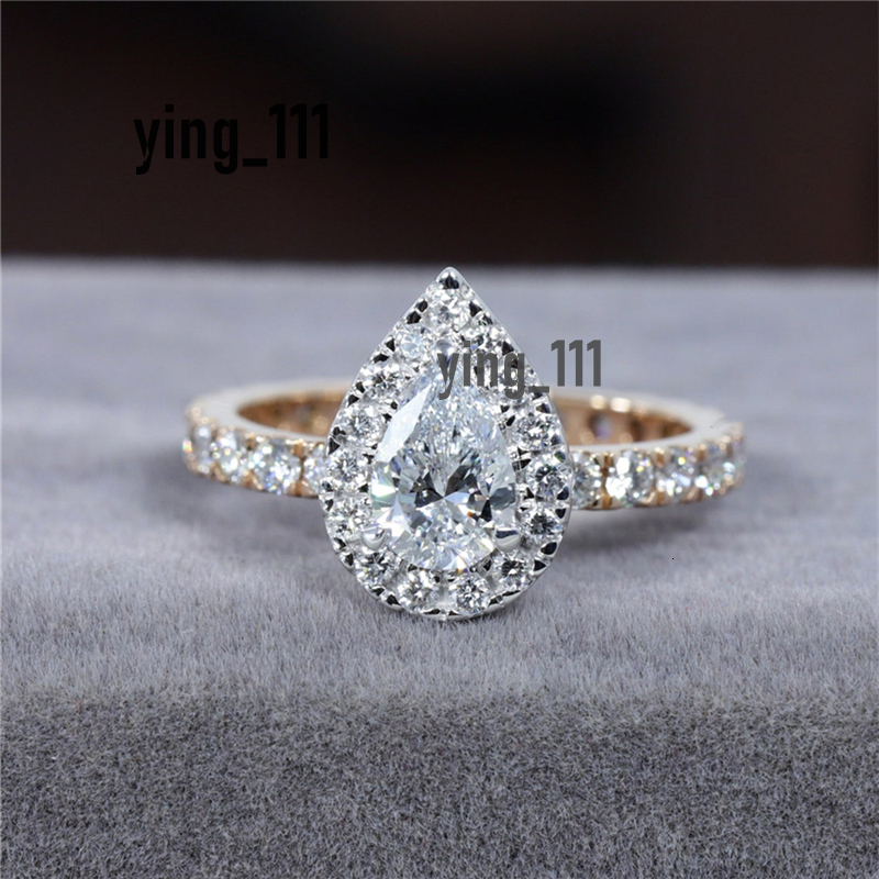 Jewelry 0.70 Carat Pear Cut Lab Diamond Halo Two Tones Fashion Style Engagement Solid Gold Ring For Women 18K 14K Real Gold