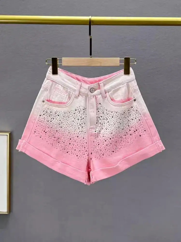 Korean Fashion Diamond Gradient Wide Leg Denim Shorts Womens Autumn High Waist Slim Jean Short Pant Trendy Streetwear 250411