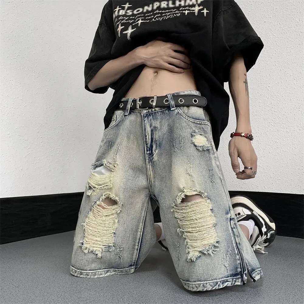Men's High Street Ripped Denim Versatile Loose and Handsome Shorts