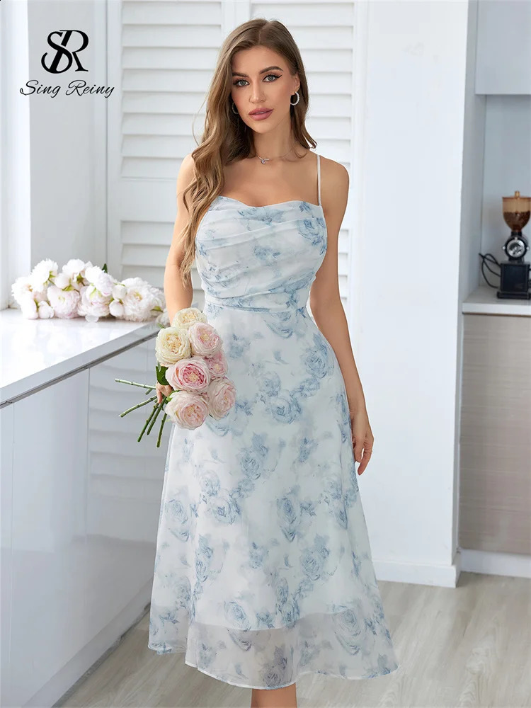 SINGREINY Women Floral Spaghetti Strap Dress Elastic Ruched Sexy Hollow Backless Party Dress Summer Boho Vacation Beach Sundress 250409
