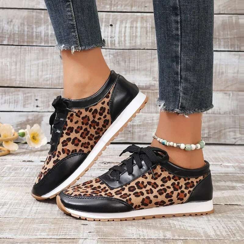 2025 summer new leopard print designer fashion sports shoes mixed color casual women's lace up vulcanized shoes