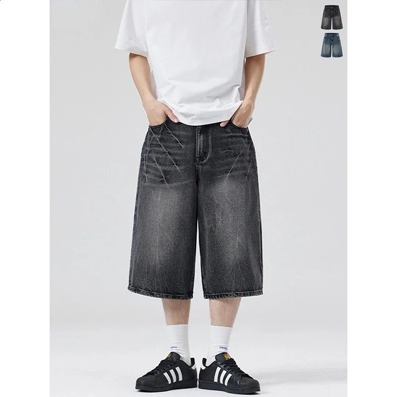Unisex American High Street Washed Lightning Denim Shorts 7/8 Wide Leg Distressed Streetwear Casual Oversized Jeans with Retro D 250411