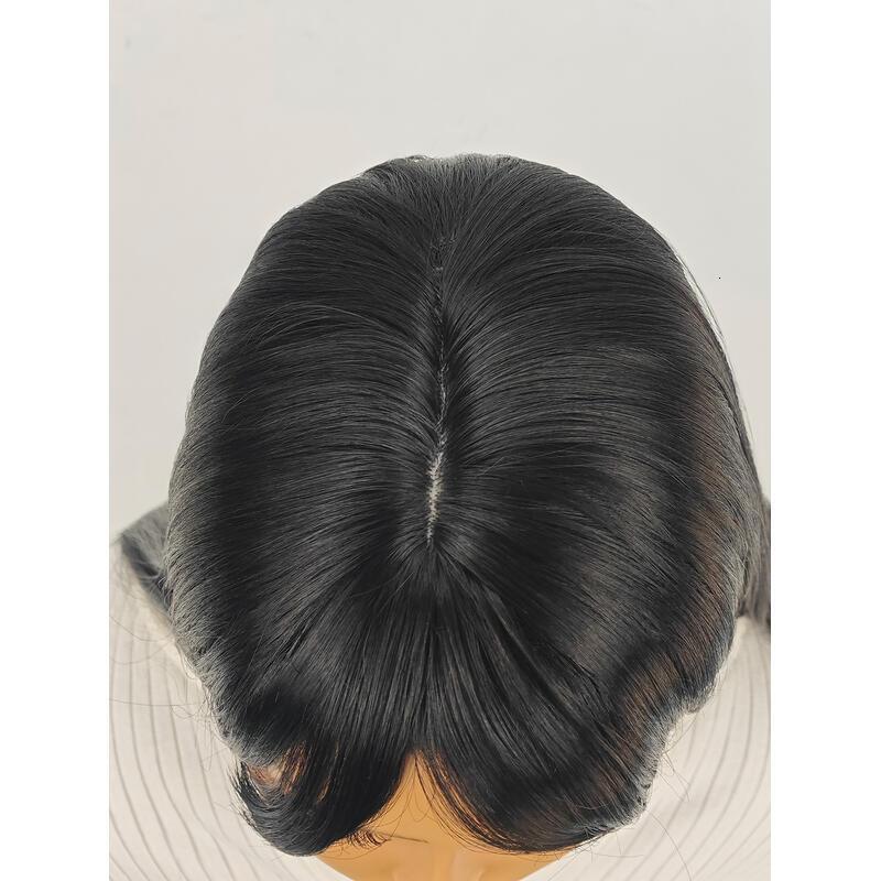 18inch Natural black With Bangs Long Wavy Curly Glueless Fringe Unit Heat Resistant Synthetic Middle Part Full hine Made No Lace Scalp Costume Cosplay