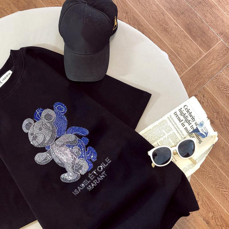 Designer Women's New Summer T-shirt Black And White Heavy Industry Hot Diamond Cotton Teddy Bear Short Sleeve Top Outdoor Casual Fashion Black Wo