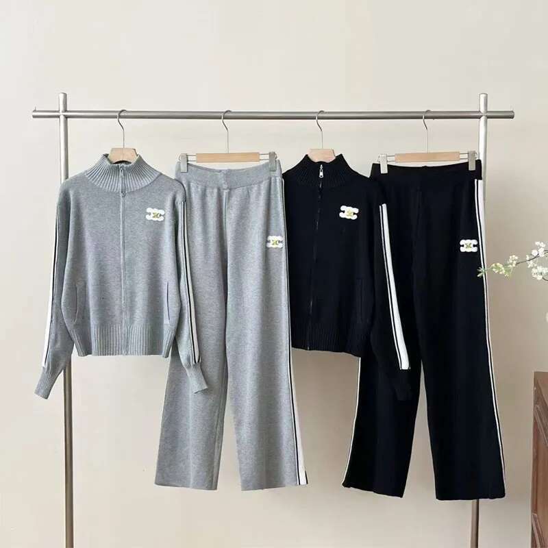 2024 Slim Fit Knitted Two-Piece Sports Style Zipper Top And Wide Leg Pants Multifunctional High-End Set New Repair