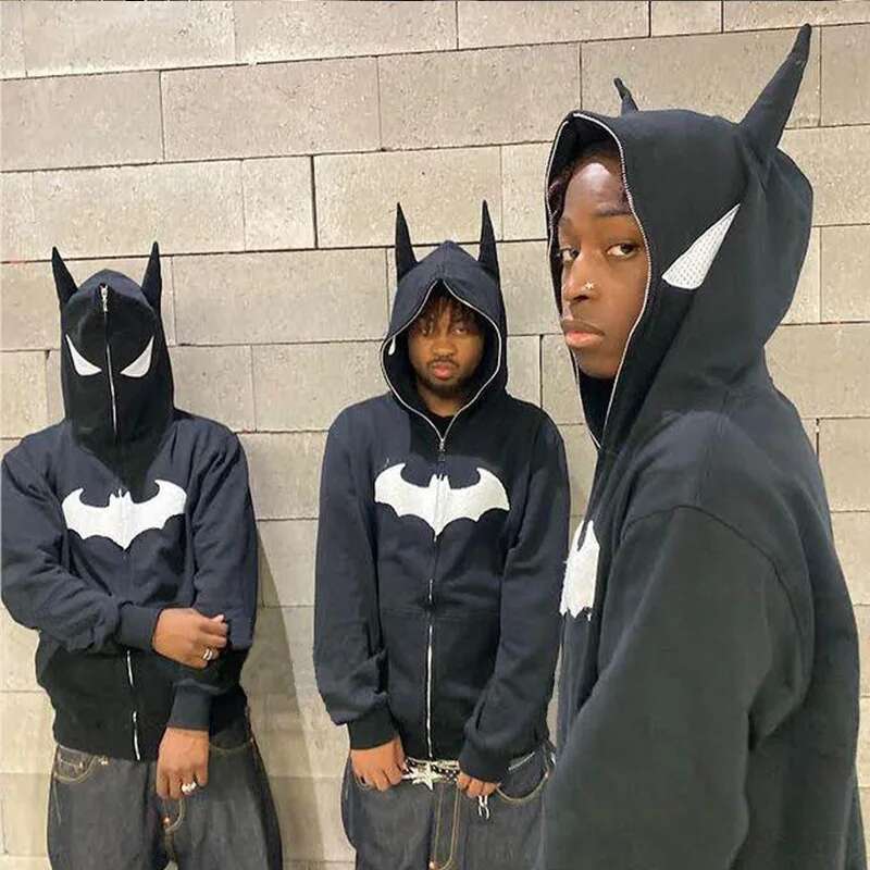 Y2k Zip Up Cking Hip Hop Streetwear Goth Men Sweatshirt Couple Street Haruku Bat Animation Fashion Trend Hoodie Top