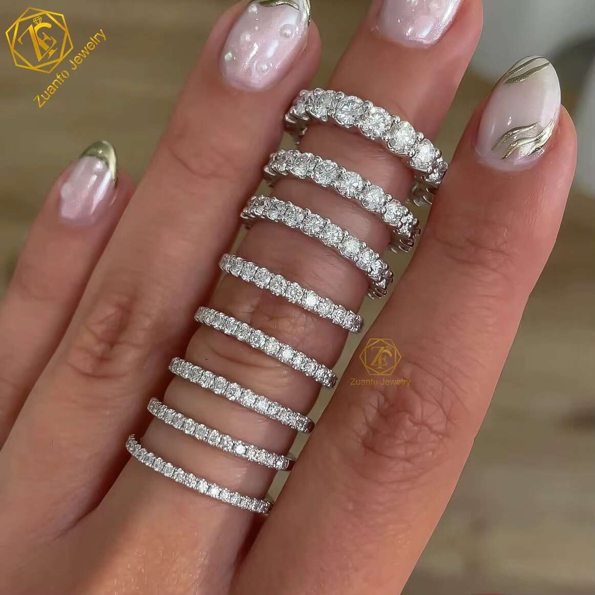 VVS Moissanite Ring Eternity Wedding Band Iced Out 1.6mm 1.8mm 2mm 3mm Diamond Silver 14k 18k Gold Engagement Stackable Rings