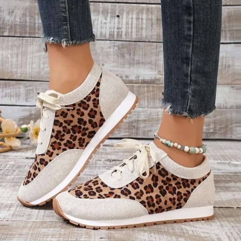 2025 summer new leopard print designer fashion sports shoes mixed color casual women's lace up vulcanized shoes