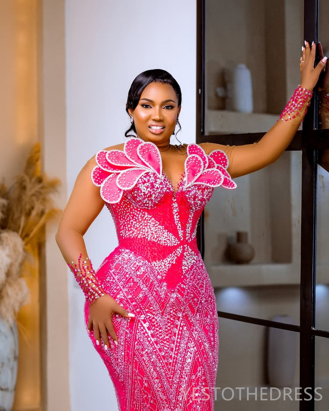2025 Plus Size Fuchsia Prom Dress Mermaid Prom Dresses Evening Formal Gowns For Special Occasions Sheer Neck Beaded Lace Birthday Second Reception Gow