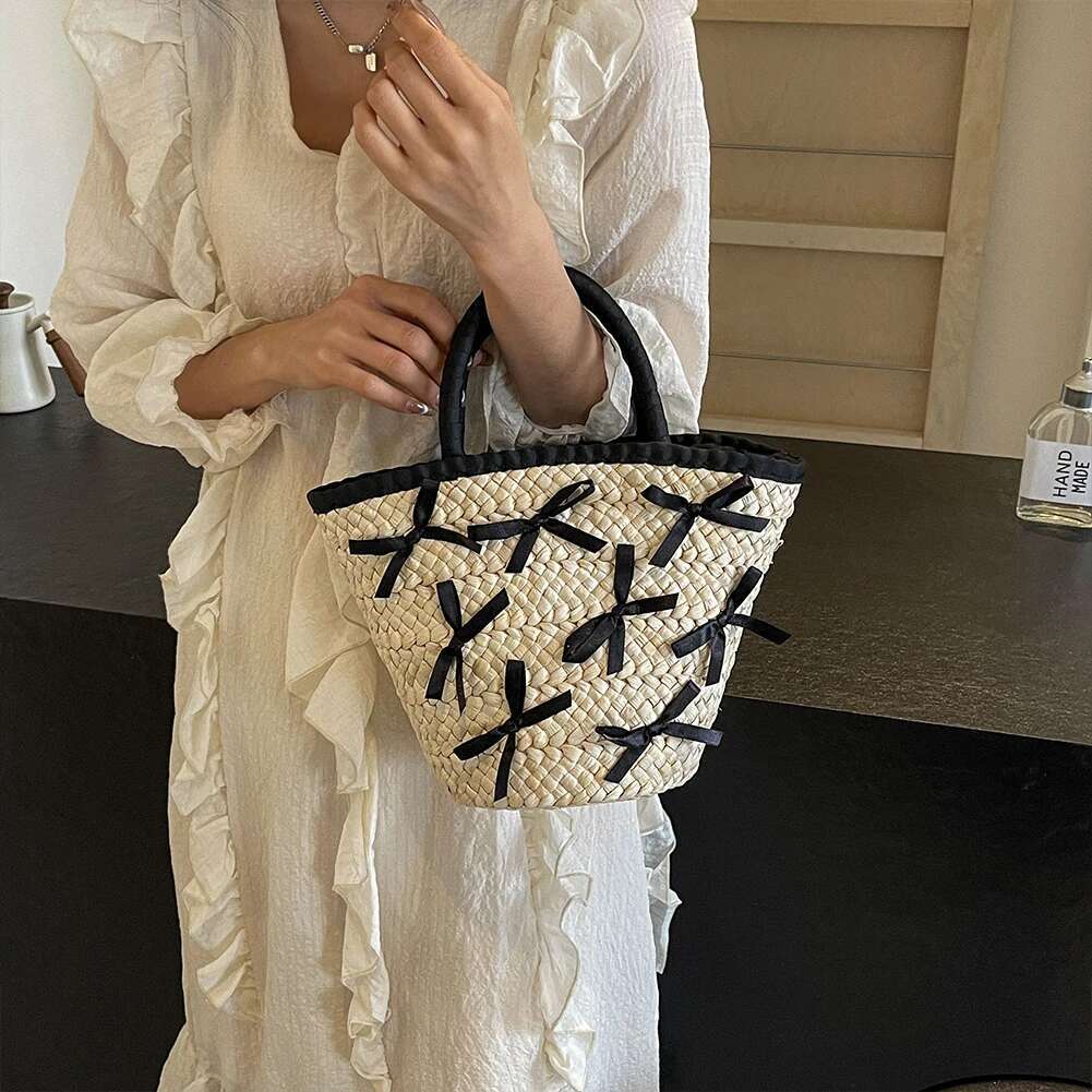 Summer Tote For Women Fashion Woven Raffia Basket Bag Bow Elegant Top Handle Clutch Bags Ladies Drawstring Beach Handbags