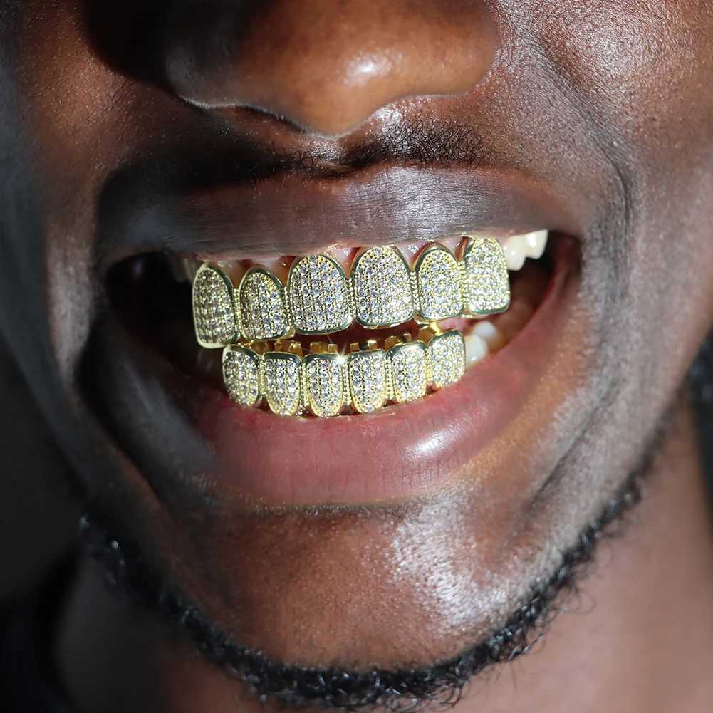 Hip hop mens and womens ice cube cubic zirconia top and bottom teeth Grilz hat Bling CZ Micro Pave teeth Grills Halloween cosplay jewelry W250412