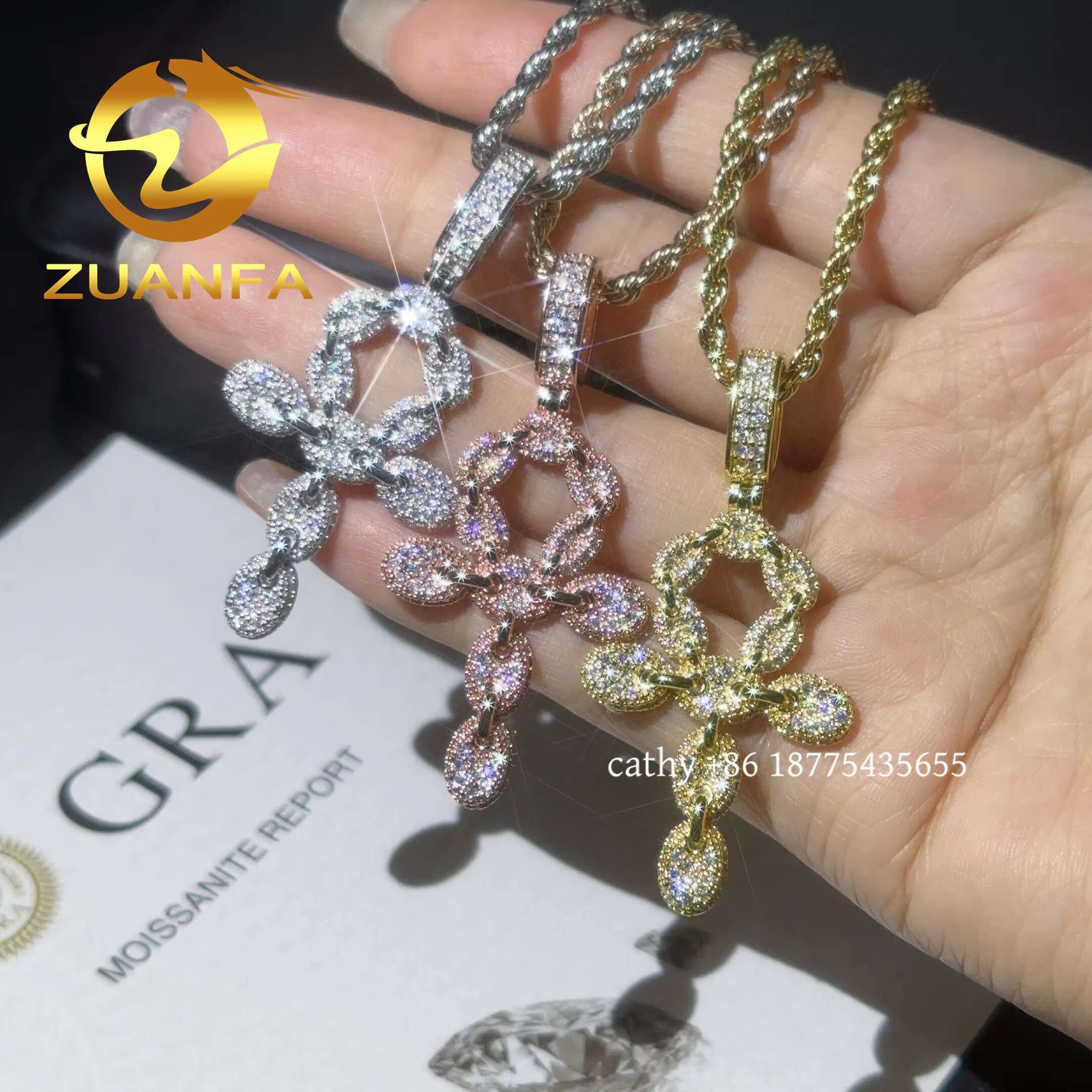 48 Hour Ship Out VVS Moissanite Hip Hop Jewelry Cross Iced Out Pendant Sterling Silver 925 Moissanite Pendant With Rope Chain