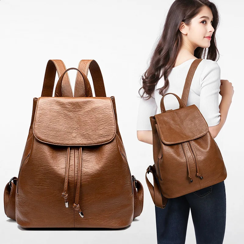 Women Anti-theft Backpack Classic Genuine Leather Solid Color Backpacks Female Fashion Shoulder Bag Travel Rucksack 250407