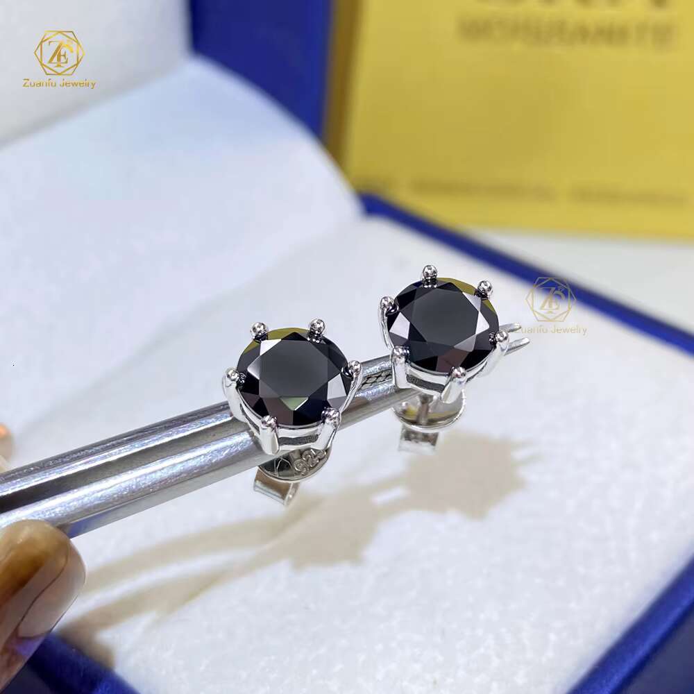 Men Wholesale 6 Prong 925 Silver Certified Round Solitaire 1CT 6.5MM GRA VVS Black Synthetic Moissanite Diamond Earrings