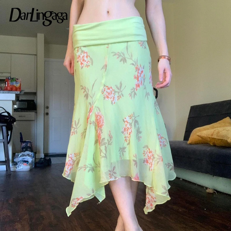 Darlingaga Holiday Style Floral Printing Asymmetric Hem Dresses Women Summer Colorful Fold Low Waist Mesh Sundress Bottoms 250407