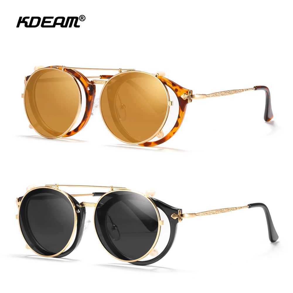 KDEAM Flip Sunglasses Vintage Women Clip On Lens Round Sunglass Female Exquisite Carved Glasses Temple With Zipper Case Z250411