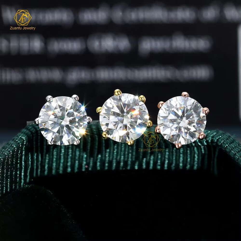 Wholesale Fine Jewelry 925 Sterling Silver Earrings Round Brilliant Cut 0.5-2CT VVS Pass Diamond Test Moissanite Stud Earrings