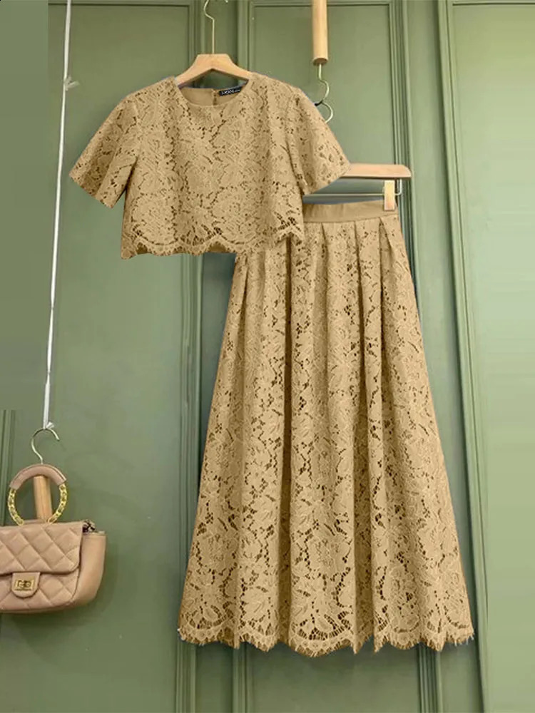 ZANZEA Elegant Openwork Lace Skirt Sets Women Casual Short Sleeve Crop Tops A-line Long Skirts 2pcs Outfits Holiday Party Suits 250411