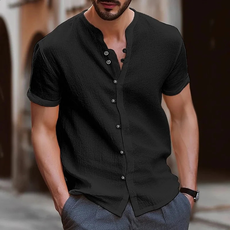 Mens Short Sleeve Tshirt V neck button Cotton Linen Shirt Mens Casual Clothes Tops for Men 250411