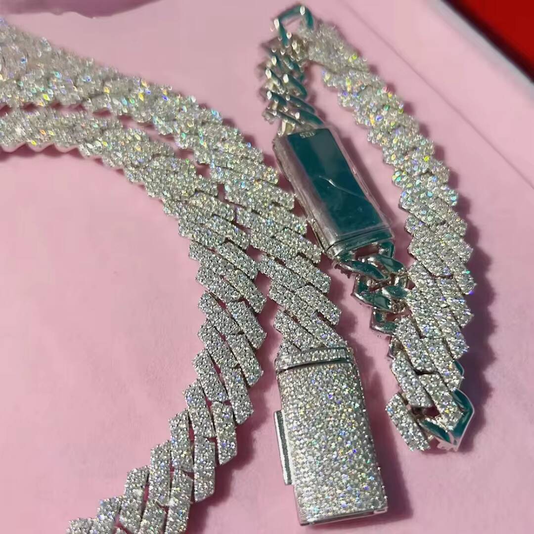 Hot Sale Dropshipping 13mm 2rows Vvs Moissnaite Iced Out Hip Hop Jewelry Moissanite Cuban Chain