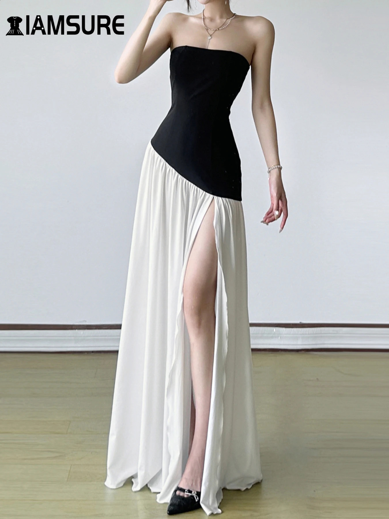 IAMSURE Elegant Fashion Slim Patchwork Split Tube Dress Holiday Sexy Slash Neck Sleeveless Maxi Dresses For Women 2025 Summer 250411