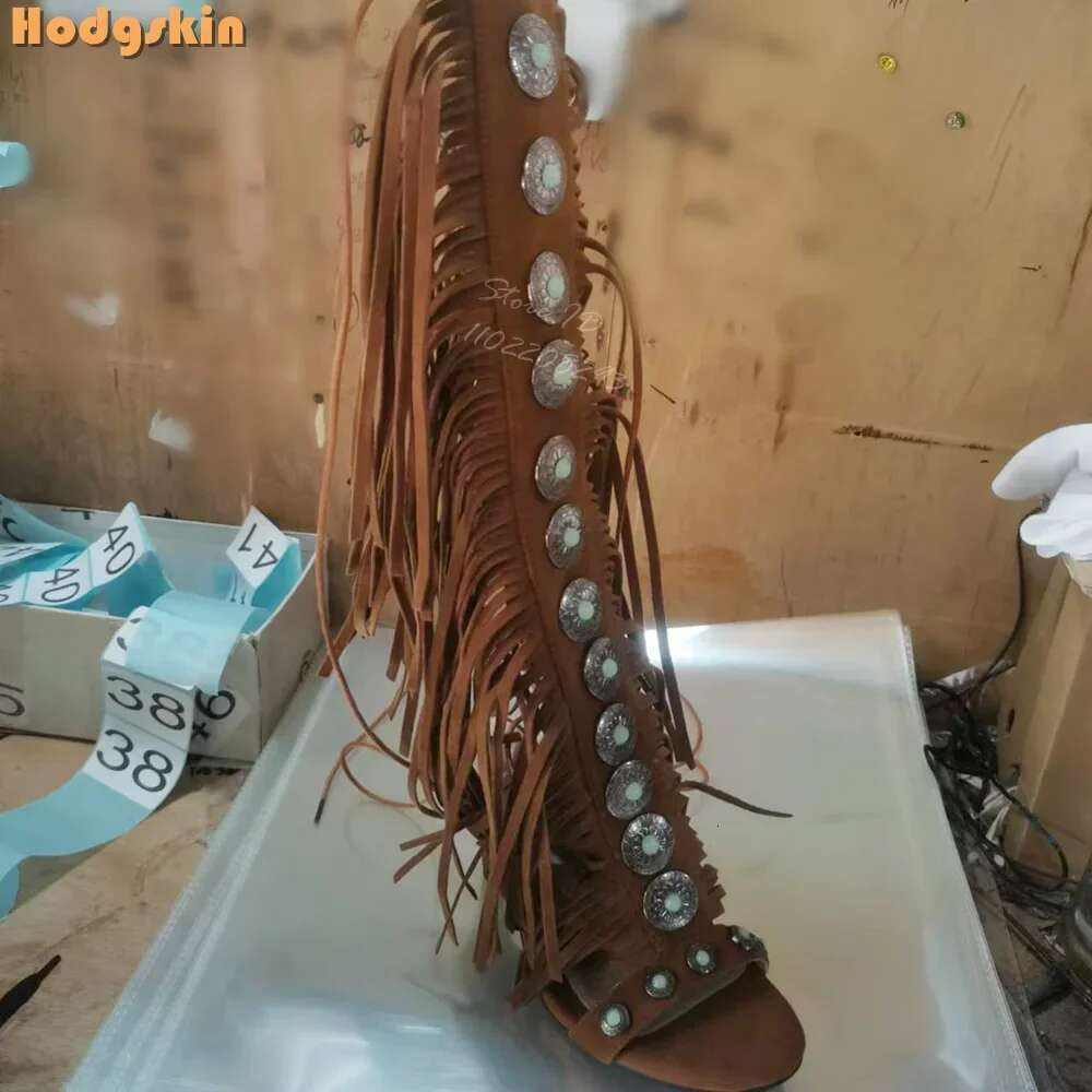 Fringe Cross-tied Stilettos Sandals Round Toe Buckle Decor Back Straps Lace-up Thin High Heels 2025 Women Fashion Shoes Bohemian