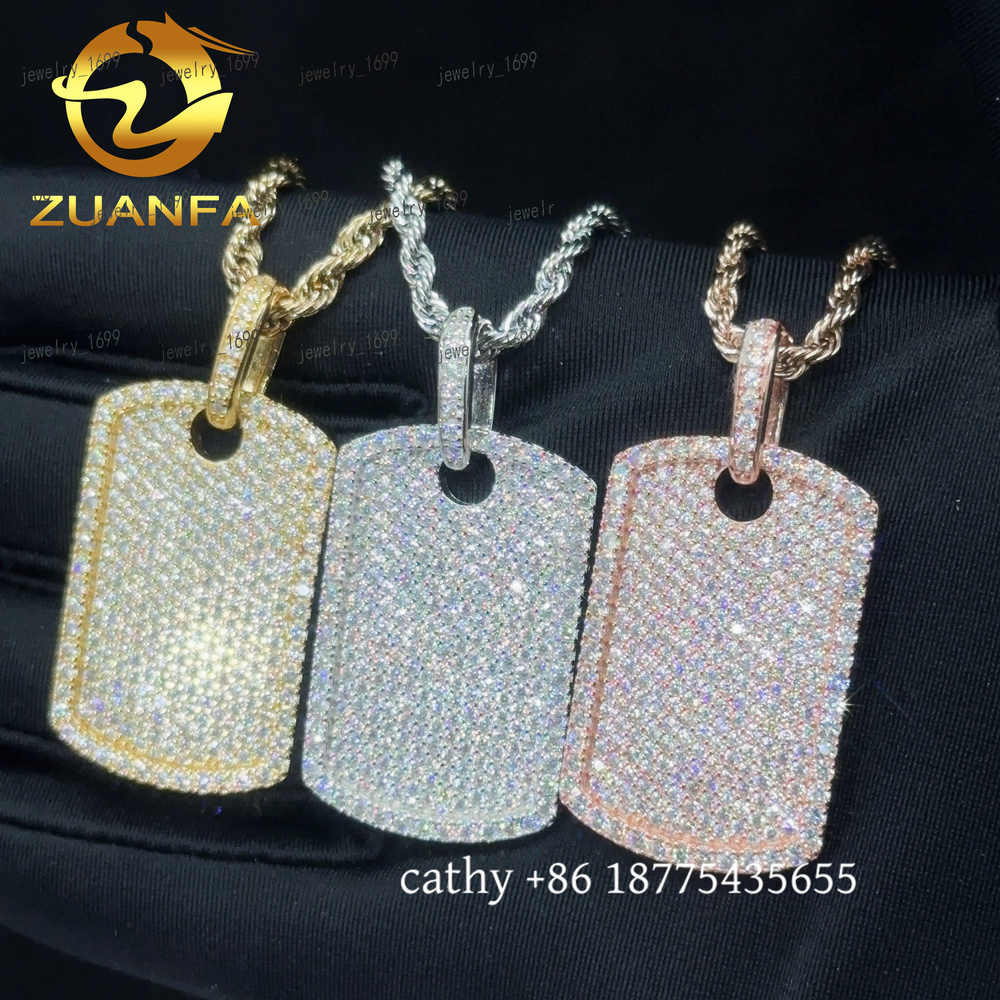 Ready to Ship Moissanite Hip Hop Jewelry Tag Iced Out Pendant Sterling Silver 925 Moissanite Dog Tag Pendant With Rope Chain