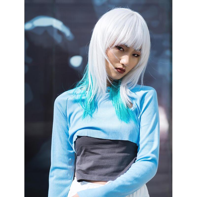 Long Matt light green Women,Matt white plus lavender Wigs with Bangs Layered Shoulder Length Synthetic Wig for Daily Party (24 inch)