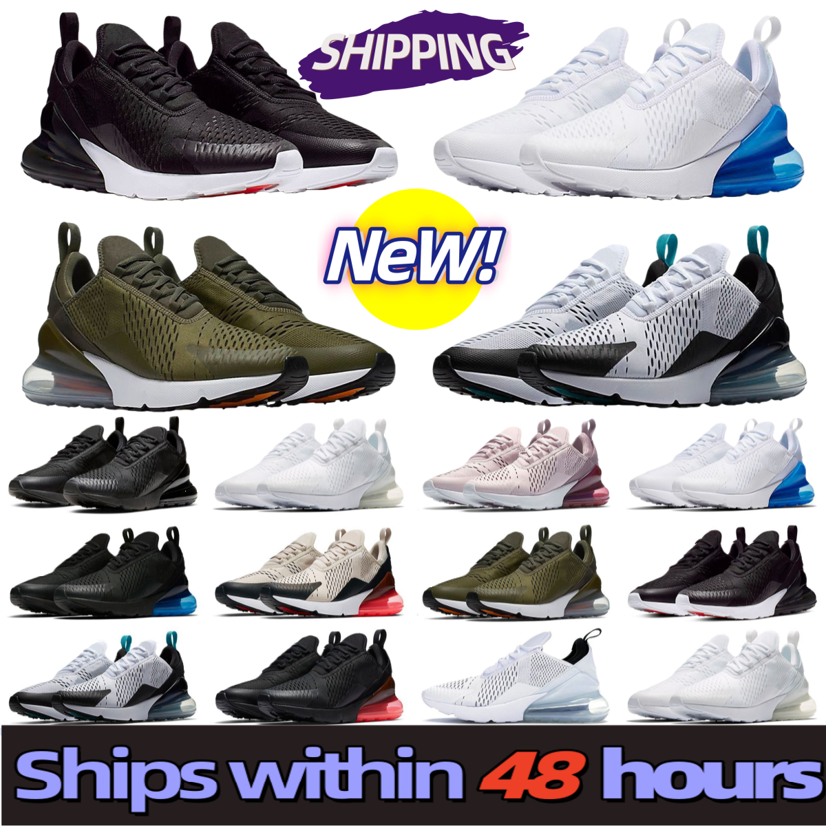 Free shipping 270s men's sneakers 270 designer sports running shoes black white classic sports style men's and women's outdoor leisure running shoes size 36-46