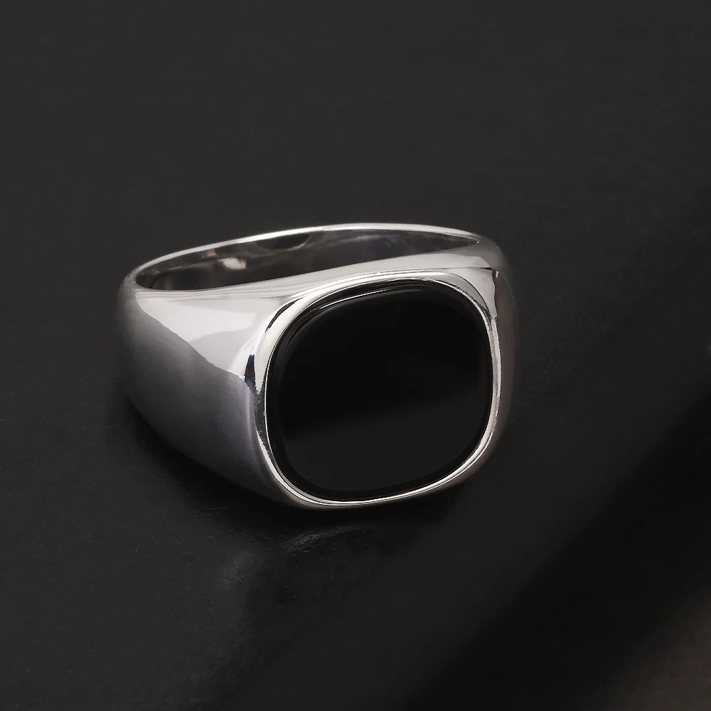 S925 Sterling Silver Black Onyx Signet Ring for Men Trendy Retro Smooth Punk Rock Party Jewelry Pinky Ring Wedding Accessories 251110