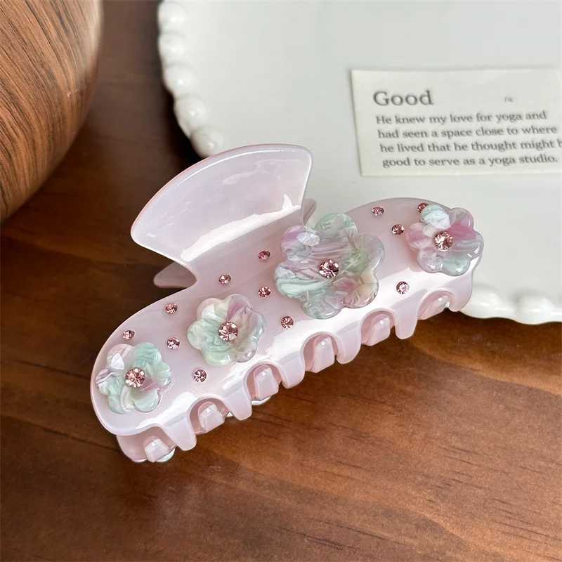 French vintage medium-sized acetate hair clip high-end rhinestone flower crab clip womens hair clip Y2504012