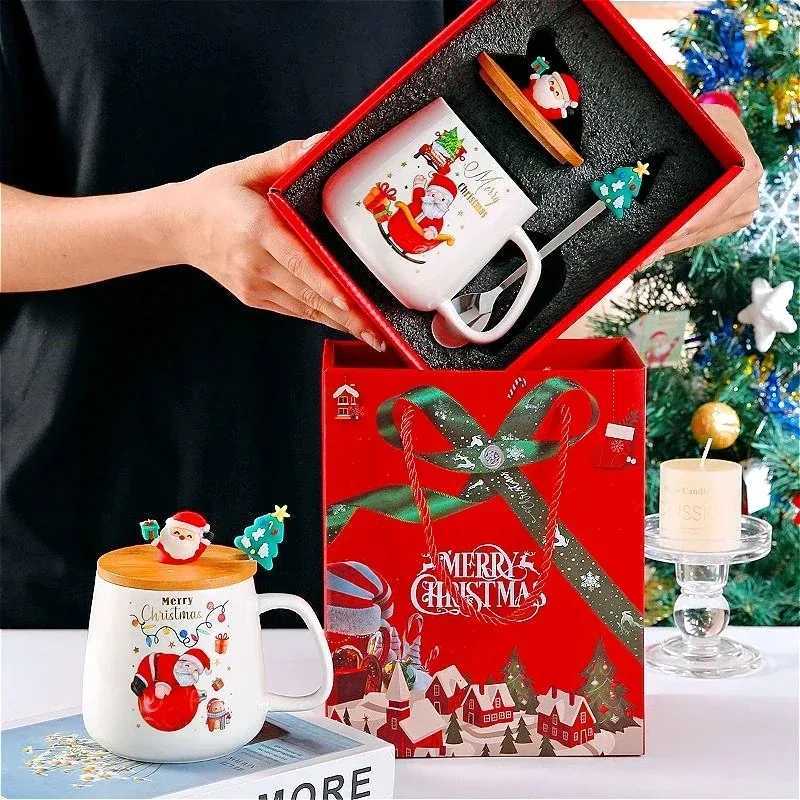 Christmas Christmas cartoon cute gift creative Santa cup ceramic spoon with lid souvenir mug Y251112