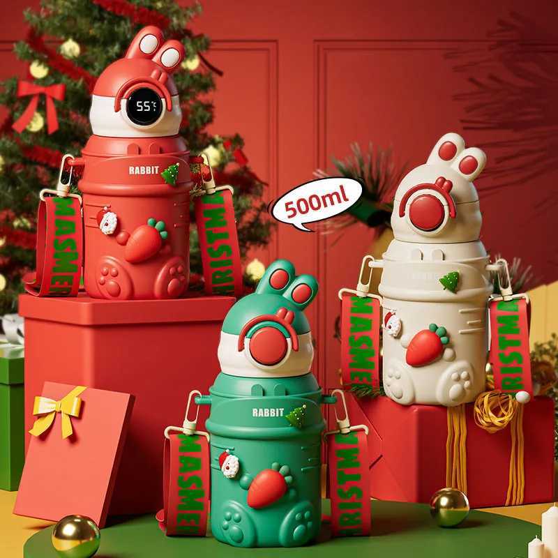 Christmas 500ML Display Temperature Christmas Thermal Cup with Cup Sleeve Leak-Proof Children Straw Water Bottle Xmas Gifts Decoration Y251112