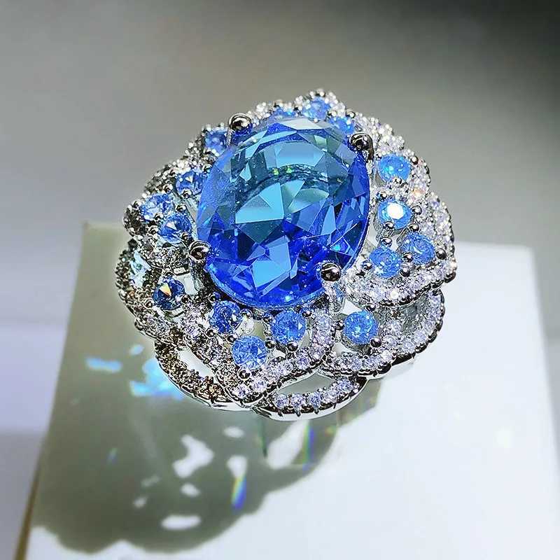 High quality sparkling blue zircon large flower wreath for women 925 silver fashionable wedding party recommended jewelry giftsXJ250412