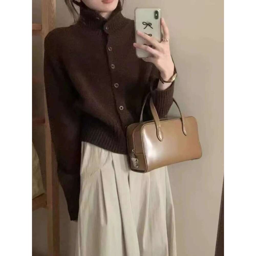 Designer Bag French New Turtleneck Short Cashmere Knit Cardigan Women's Autumn And Winter Loose Bottom Sweater Wool Coat