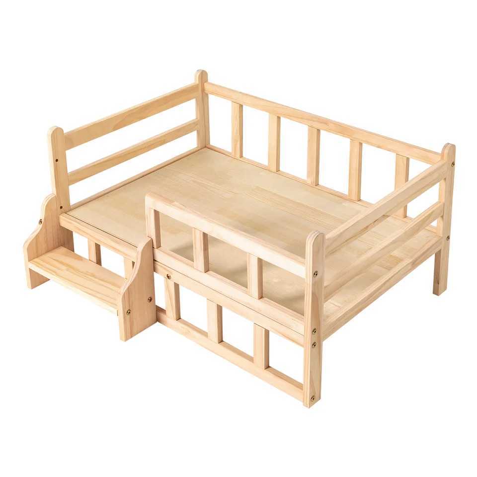Solid wood pet bed wooden dog and cat bed frame pet furniture W/staircase+anti slip pad circular corners and edges X250412