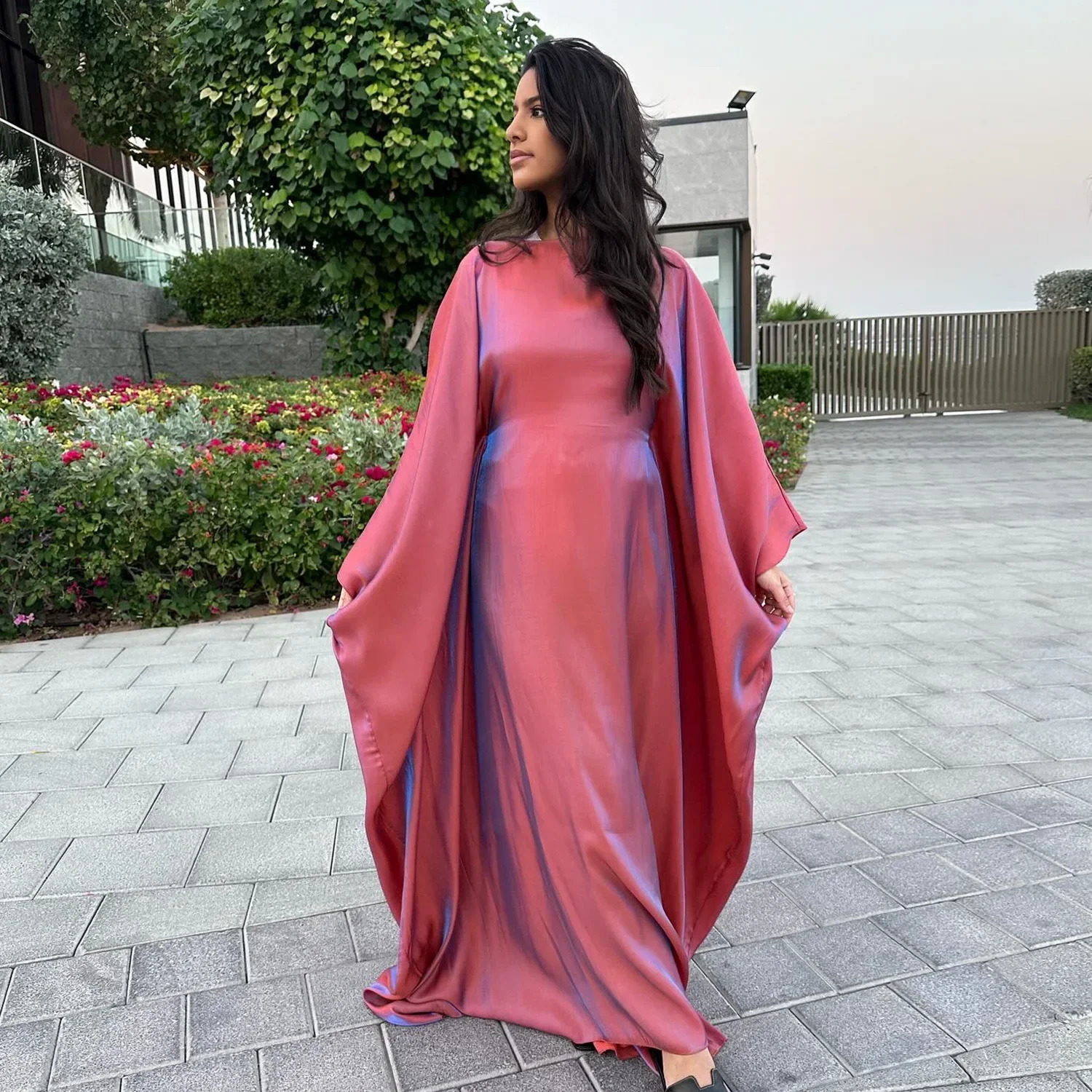 Ramadan satin Abaya Muslim Summer Batwing Sleeve Abayas Womens Kaftan Robe Dress Long 250411