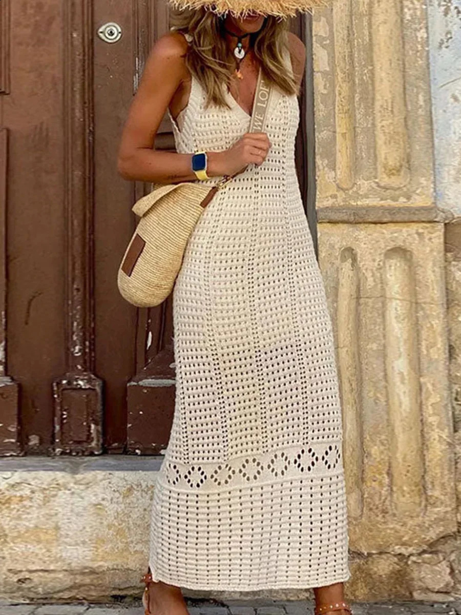 S - XL 2025 V Neck Hollow Out Crochet Knitted Tunic Beach Cover Up Long Cover-ups Beach Dress Beach Wear Beachwear Female Women 250411
