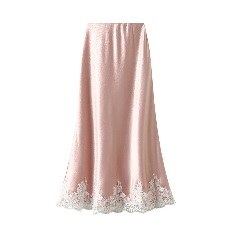 Women Lace Patchwork Satin Long Skirt 2025 Spring Summer High Waist Elegant Fashion Skirts 250411