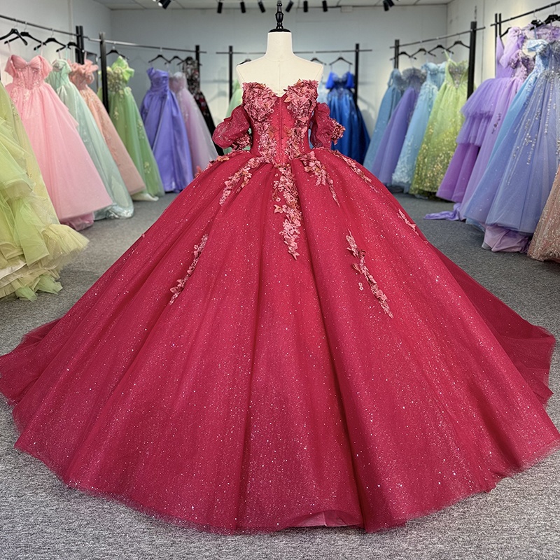 Red Shiny Princess Quinceanera Dresses Off Shoulder Beading Applique Bow Tull Sweet 16 Dress Ball Gown Vestidos 15 Anos