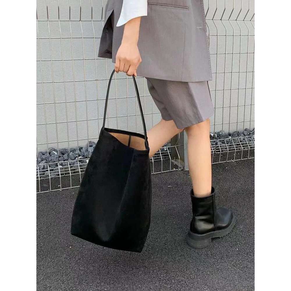 Casual Versatile Women Solid Color Suede Genuine Leather Single Shoulder Bag Large Capacity Totes Handbag Ladies Bucket Bags