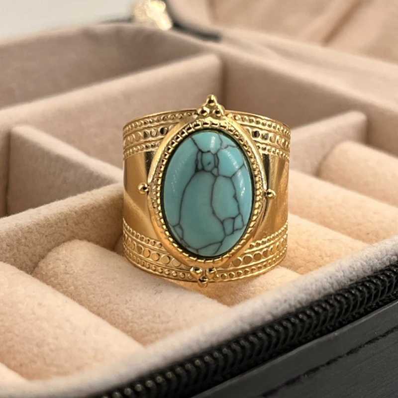 Bohemian turquoise natural stone wide opening ring for women 14K gold-plated stainless steel ring finger ring womens jewelry giftXJ250412