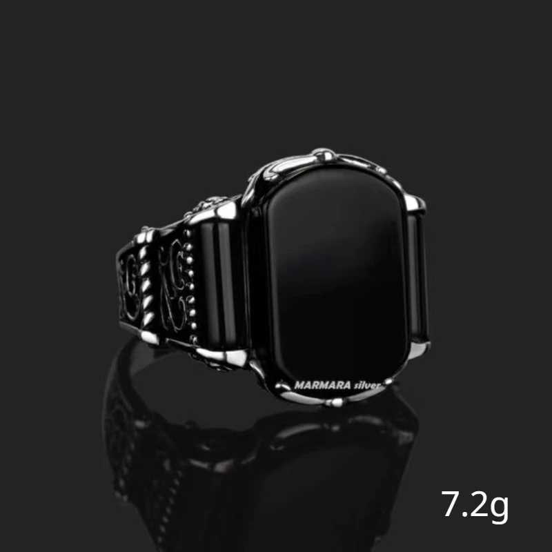 European and American retro pattern black curved gemstone ring mens punk fashion ringXJ250412
