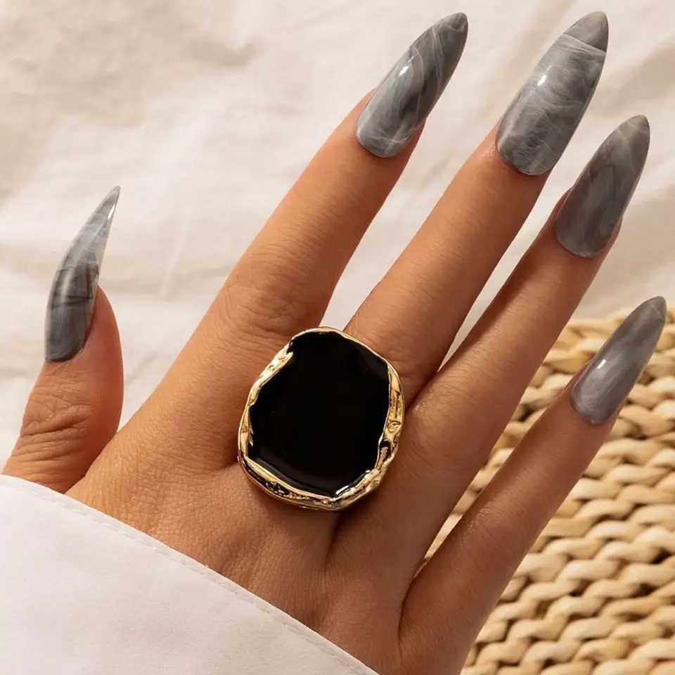Large Bohemian Black Stone Ring Metal Charm Oil Drop Large Joint Ring Large Joint Stainless Steel Gothic Jewelry Mens StyleXJ250412